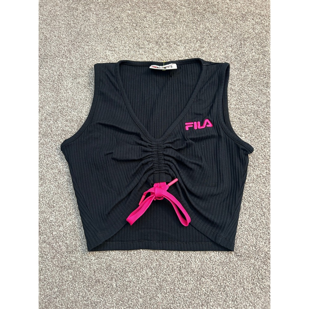 Fila Crop Top Womens Medium Black Excellent Ribbed Ruched V-Neck Tank